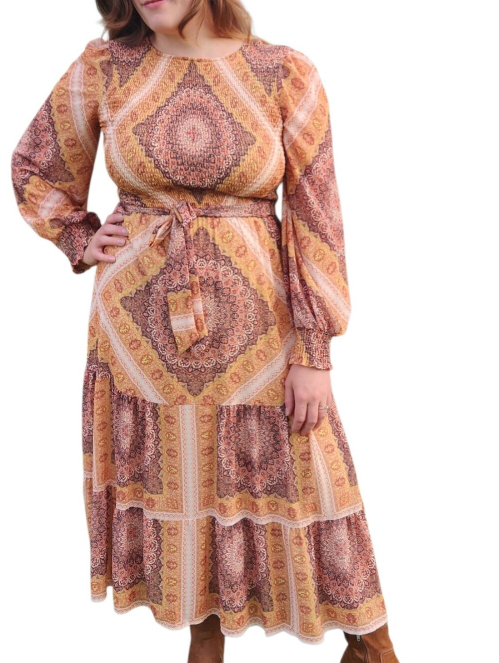 Flying Tomato Women's Large Dress Smocked Bodice Boho Chic Geometric with Tie